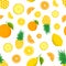 Tropic fruit pattern. Color background with lemon, pineapples, oranges. Vector illustration