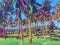 Tropic landscape with coco palm trees. Fantastic digital illustration of palm tree forest.