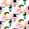 Tropic light pink plant leaves and toucan bird seamless pattern.