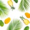 Tropic pattern of pineapple and mango fruits with palm leaves on white background. Flat lay