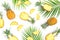 Tropic pattern of pineapple with palm leaves on white background. Flat lay, top view. Tropical concept.