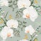 Tropic summer painting seamless pattern with eucaliptus, herbs and white orchid flowers.