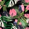 Tropic summer painting seamless pattern with exotic pink liana branch and palm monstera leaves.
