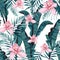 Tropic summer painting seamless pattern with palm banana leaf and plants.