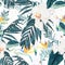 Tropic summer painting seamless pattern with palm leaf and white orchid flowers.