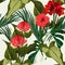 Tropic summer painting seamless pattern with palm leaves and Spathiphyllum flowers branch.