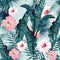 Tropic summer painting seamless vector pattern with palm banana leaf and plants. Floral jungle hibiscus paradise flowers.