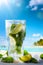 tropic summer vacation; Exotic drinks on blur tropical beach background