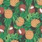 Tropic sweet fuits - pine apple and coconut with palm tree leaves. Seamless pattern with hand drawn illustrations with tropical