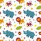 Tropical african animals rhino, monkey, lion and plants. Seamless pattern