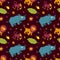 Tropical african animals rhino, monkey, lion and plants. Seamless pattern