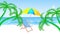 Tropical animated background. Sea beach, white sand, palm trees, beach umbrella