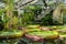 Tropical aquatic plants - giant water lily and Amazonian Victoria floating in greenhouse