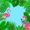 Tropical Background Frame with Exotic Jungle Leaves and Pink Flamingos.