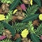 Tropical background with palm leaves and bananas. Seamless floral pattern. Summer vector illustration. Flat jungle print