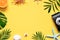 Tropical Background. Palm Trees Branches with camera and seashell on yellow background. Travel. Copy space.