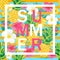 Tropical Background with Pineapple, Exotic Flowers. Summer Letters.