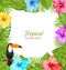 Tropical Background with Toucan Bird, Colorful Hibiscus Flowers