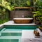 A tropical, Bali-inspired bathroom with outdoor elements, like a stone bathtub and open-air shower2, Generative AI