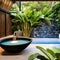 A tropical, Bali-inspired bathroom with outdoor elements, like a stone bathtub and open-air shower3, Generative AI