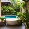 A tropical, Bali-inspired bathroom with outdoor elements, like a stone bathtub and open-air shower5, Generative AI