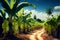 Tropical banana plantation with palm trees and blue sky, Thailand
