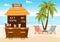 Tropical Bar or Pub in Beach with Alcohol Drinks Bottles, Bartender, Table, Interior and Chairs by Seaside in Illustration