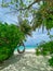 Tropical beach background as summer landscape with beach swing or hammock and white sand and calm sea for beach banner. Perfect