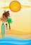 Tropical beach background with Palms trees,woman with surfboard.Cartoon vector illustration. Summer vacation party on sea coast.