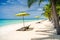 Tropical beach background at Panglao Bohol island with Beach chairs on the white sand beach with blue sky and palm trees