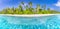 Tropical beach banner and summer landscape background. Vacation and holiday with palm trees and tropical island beach