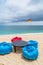 Tropical beach with beanbags and table on the sand