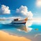 Tropical beach with boat. Traditional boat, beach, islands and the sea in the background. Travel poster. illustration. Tail Boat