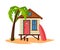 Tropical Beach Bungalow on Sea Coast, Summer Seaside Vacation Wooden Cabin, Palm Tree and Surfboard Vector Illustration