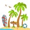 Tropical beach cartoon surfboard palm sea vector