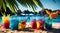 Tropical beach with colorful drinks in frozen glass