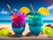 Tropical beach with colorful drinks in frozen glass