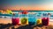 Tropical beach with colorful drinks in frozen glass