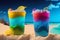 Tropical beach with colorful drinks in frozen glass