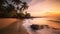 A tropical beach with crystal - clear water, palm trees swaying in the breeze, and a colorful sunset in the background, Generative