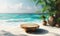 Tropical Beach Display with Wooden Podium on White Sandy Shore, Palm Leaves in Background for Product Presentation or Vacation