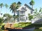 Tropical beach house near pond with boat, Coastal style house