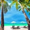 Tropical beach landscape with palm trees. Boracay island, Philippines