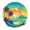 Tropical beach landscape with sea, sunset and palm trees. Abstract landscape. Tropical paradise island logo. Summer vacation