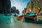 Tropical Beach and Longtail Boats in Maya Bay, Thailand