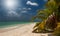 Tropical beach in Maldives.Tropical Paradise at Maldives with palms, sand and blue sky