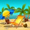 Tropical beach at noon. Lounger under an umbrella, a tropical drink inside the coconut. Sketch for the poster