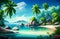 Tropical beach with palm trees. Seascape. Nature background. Generative AI