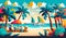 Tropical beach with palm trees, sunbeds, umbrellas and sailboats. generated ai