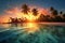 Tropical Beach With Palm Trees at Sunset, Idyllic Scenery in a Picture-Perfect Setting, A tropical island with crystal clear